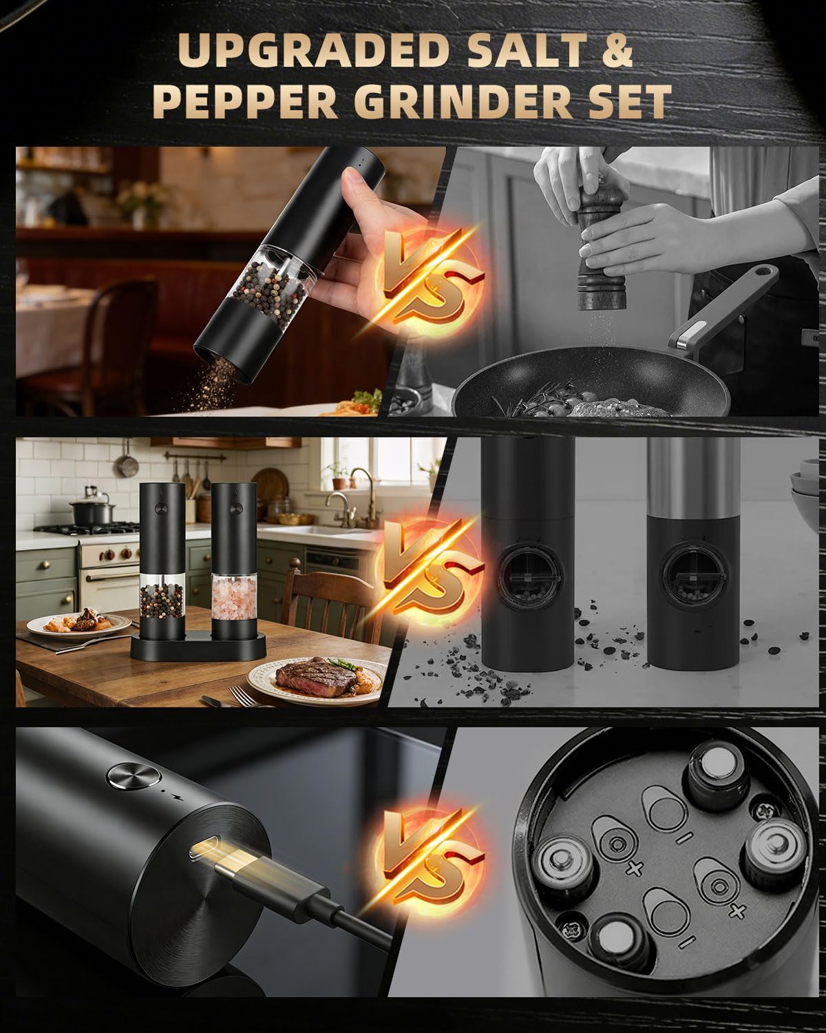 Electric Salt and Pepper Grinder Set Rechargeable, Automatic Salt and Pepper Shakers Mill Refillable, One Hand Operation Adjustable Coarseness, Kitchen Gadgets, House Warming Gifts New Home