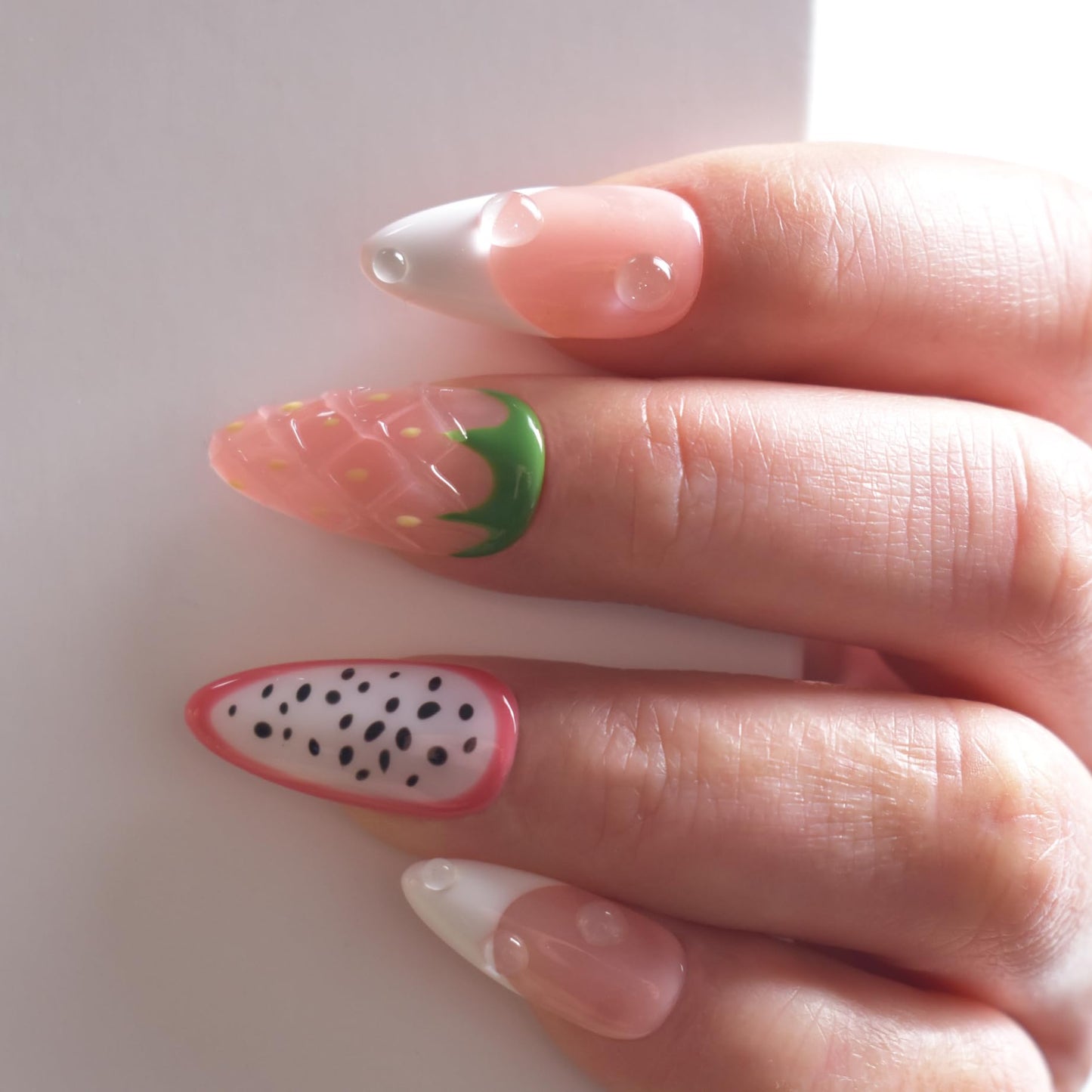 LIFOOST Handmade Press On Nails Medium Almond French False Nail Tips, 3D Pink Fruit Design 10pcs Reusable 3D Cartoon Glue On Acrylic Fake Nails