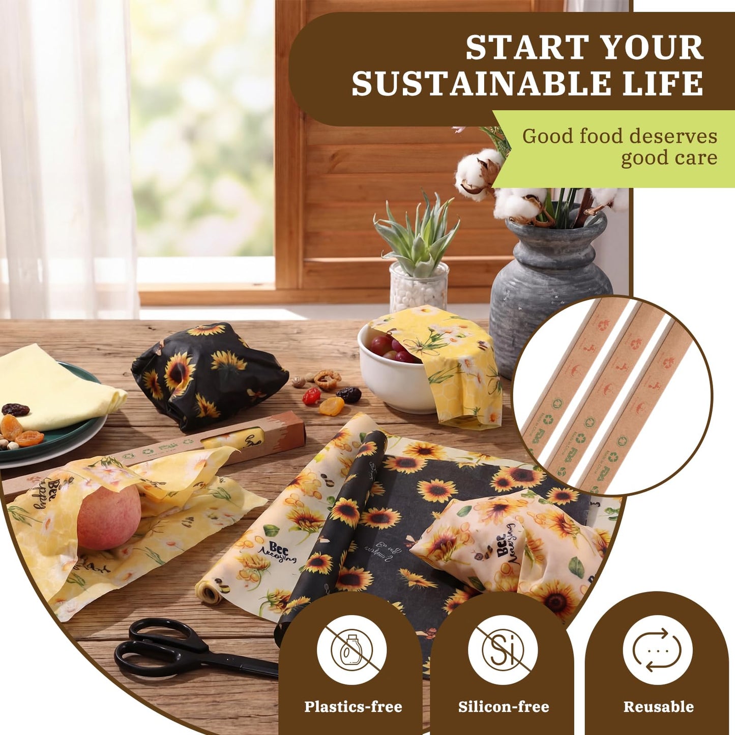 3 Rolls Reusable Beeswax Wraps for Food 13 x 40 Inches Bees Wax Wraps Reusable Food Storage Wrap Beeswax Paper Roll for Bread Sandwich Cheese Fruit Snacks(Bee)