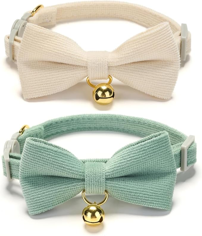 Petiry 2 Pack Cotton Cat Collar, Removable Bowtie, Floral Pattern, Safety Breakaway Clasp, Adjustable for Cats.(Adult Cat, Check+Green)
