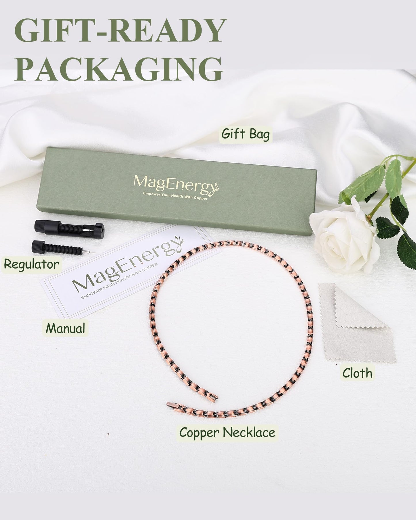 MagEnergy Copper Necklace for Men Women, Magnetic Necklace with 3500 Gauss Ultra Strength Neodymium Magnets, Adjustable Magnetic Jewelry with Sizing Tool (Copper-Plain)