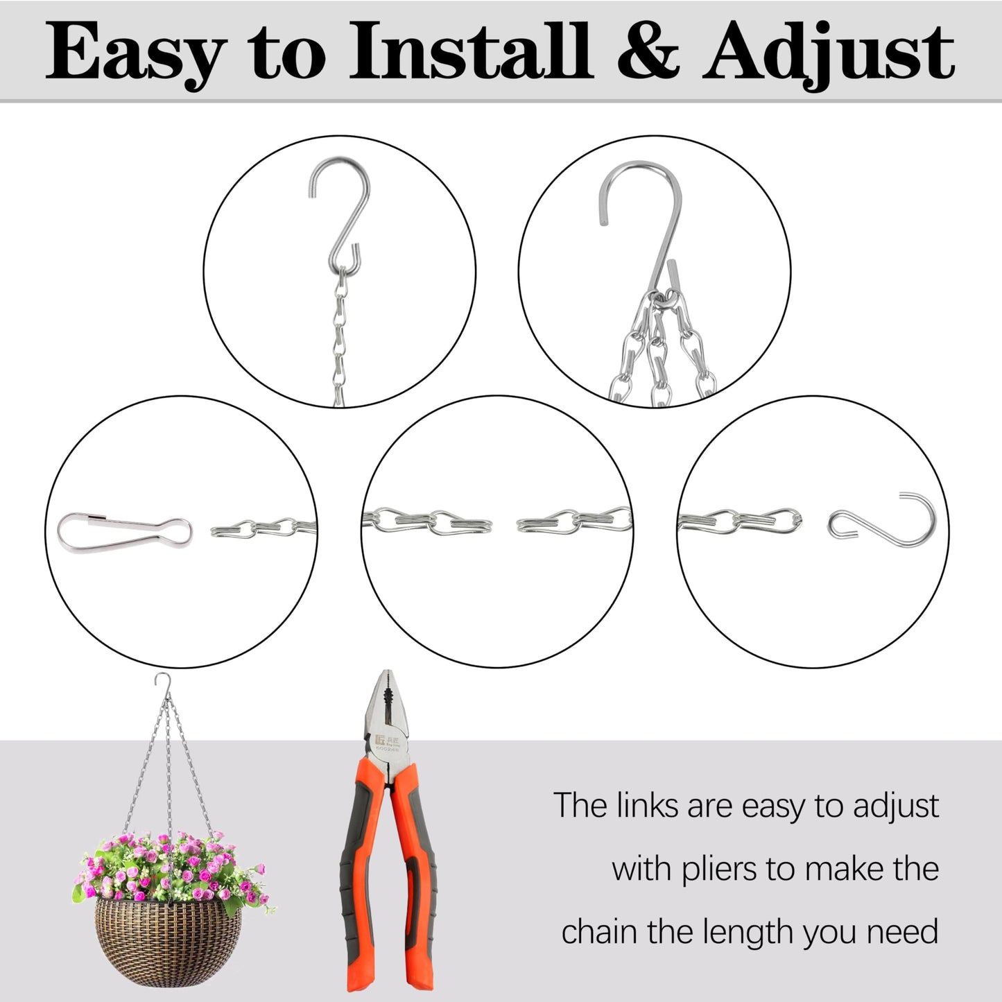 Hanging Basket Chain, 3 Pack 16 Inch Chain for Hanging Plants, Silver Plant Chains for Hanging Baskets, 3 Leads Hanging Chain with Hooks for Flower Pots Basket Bird Feeders Sign Wind Chime Billboards