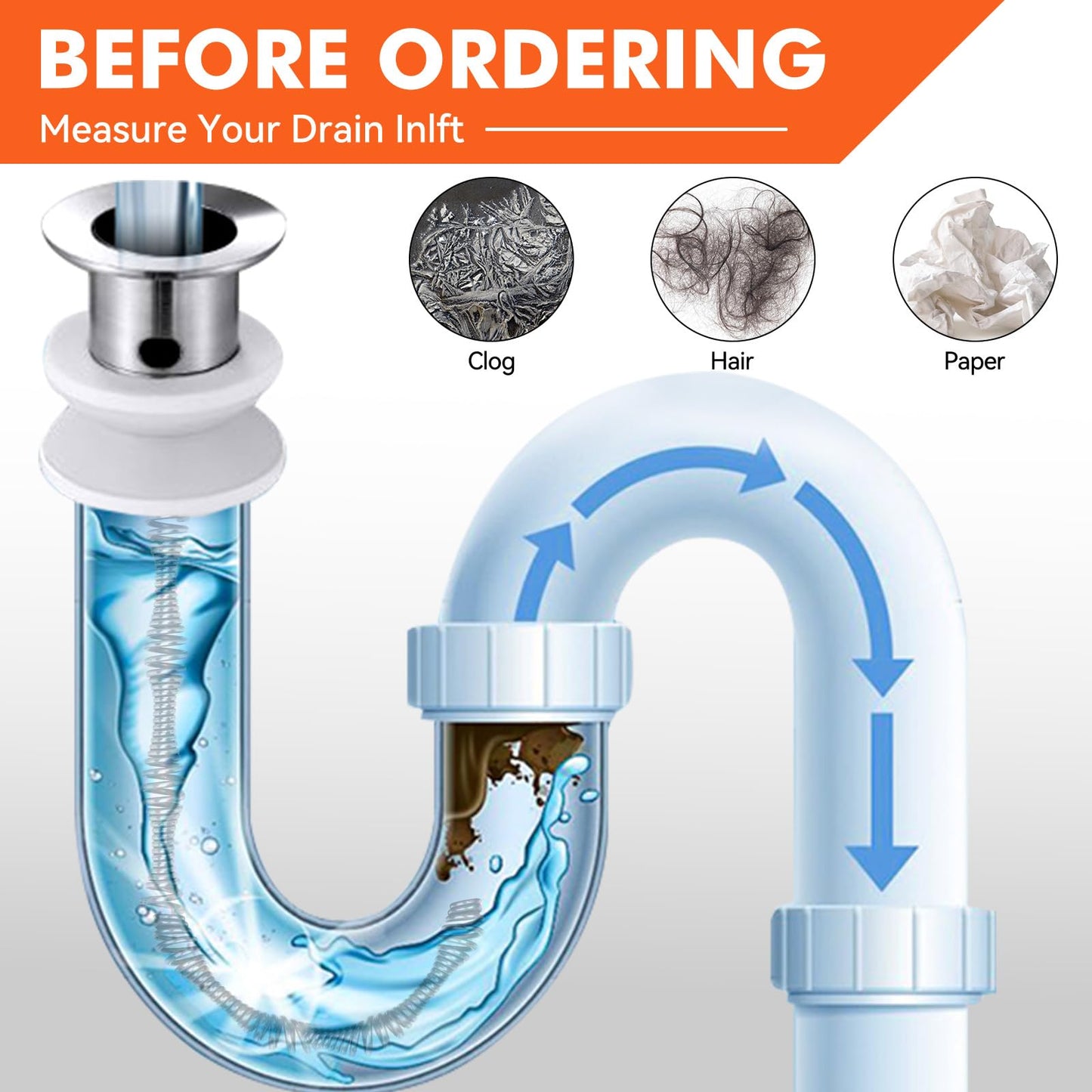 50FT Drain Auger, Dual-Mode Plumbing Snake with Drill Attachment, Sewer Pipe Clog Remover for Kitchen/Bathroom/Shower/Toilet, 6 Hair Clog Removers + Storage Bag, Destapador de tuberia (50 FT, Orange)