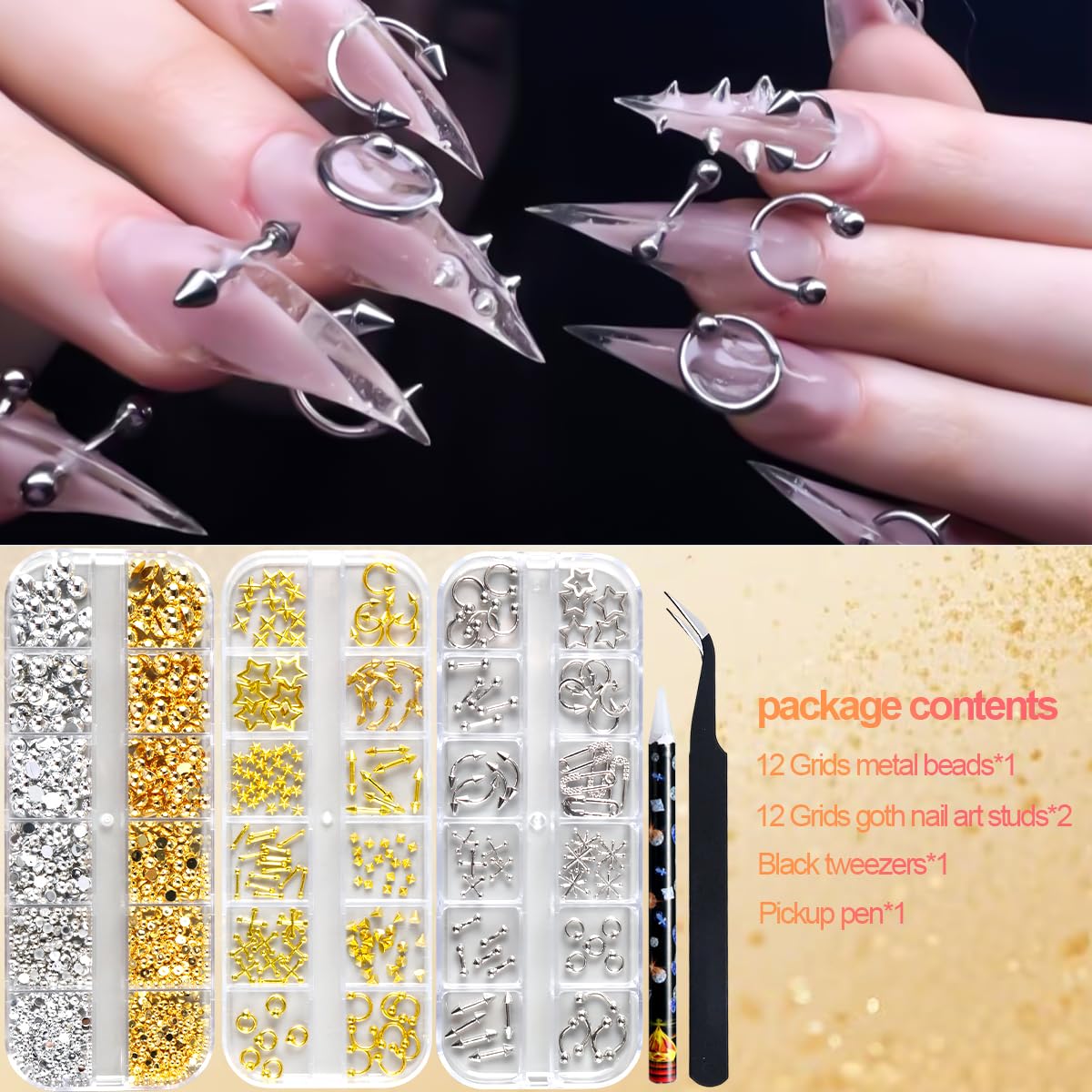 3 Box 12 Grids Goth Nail Art Studs, 3D Gold & Silver Alloy Gothic Punk Nail Charms Y2K Rivet Studs Beads Metal Rings Piercing Manicure Supplies for DIY Nail Art Decorations