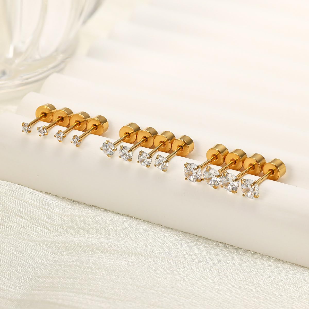 Yetonload Threadless Flat Back Tiny Stud Earrings,Surgical Grade Titanium Hypoallergenic Earrings Men,Gold Cubic Zirconia Studs,Stainless Steel Set, 2-4MM Cartilage Earrings,6 Pairs (A-Gold)