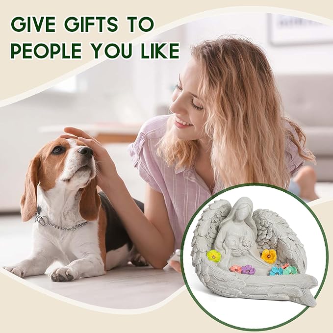 CNPOLOOK Solar Garden Decor - Memorial for Loss of Dog with Angel Statue, Solar Powered Outdoor Pet Memorial Stone & Dog Remembrance Gift for Backyard, Cemetery Handmade Eco-Resin, 7 LED Lights