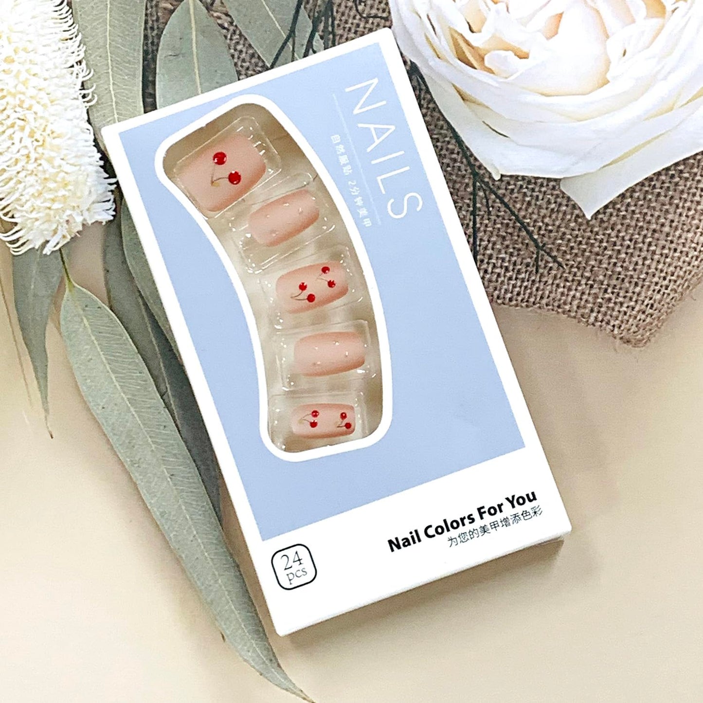 Press On Glossy Full Cover Acrylic Short Length Square False Nails with Cherry Designs Artificial Square Shaped Fake Nails with Charms Glue ons Fingernails for Women Girls