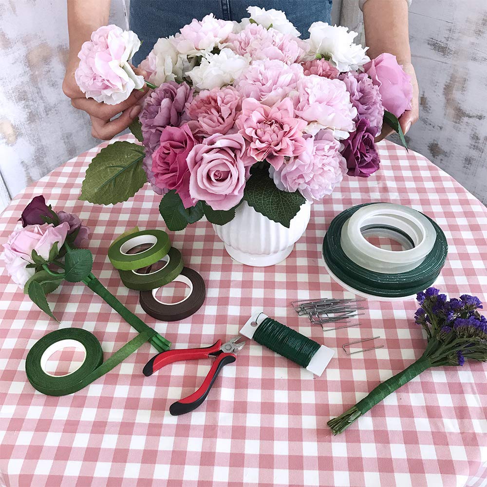 Floral Arrangement Tool Kit, Woohome 2 Style Tape Stem Wrap, 2 Style Floral Wire, Wire Cutter, Scissors and Head Pins for Wedding Bouquet DIY