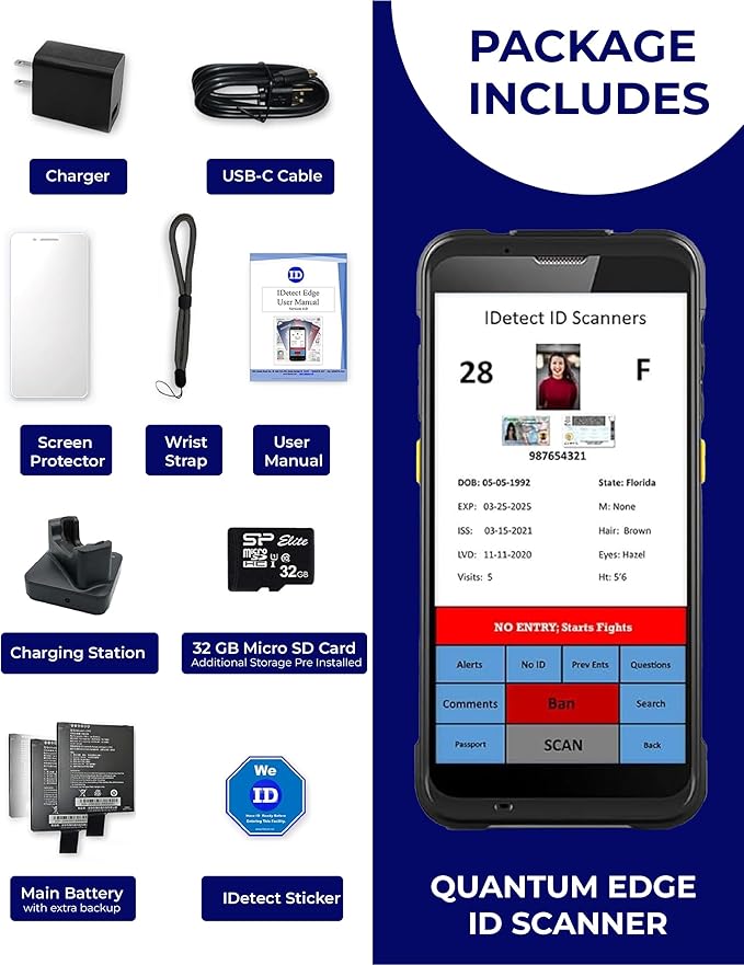ID Scanner - Drivers License and Passport Scanner and Reader - Age Verification and Customer Management - Quantum Edge V3 Includes Handheld Scanner, Outer Carry Case, & Accessories