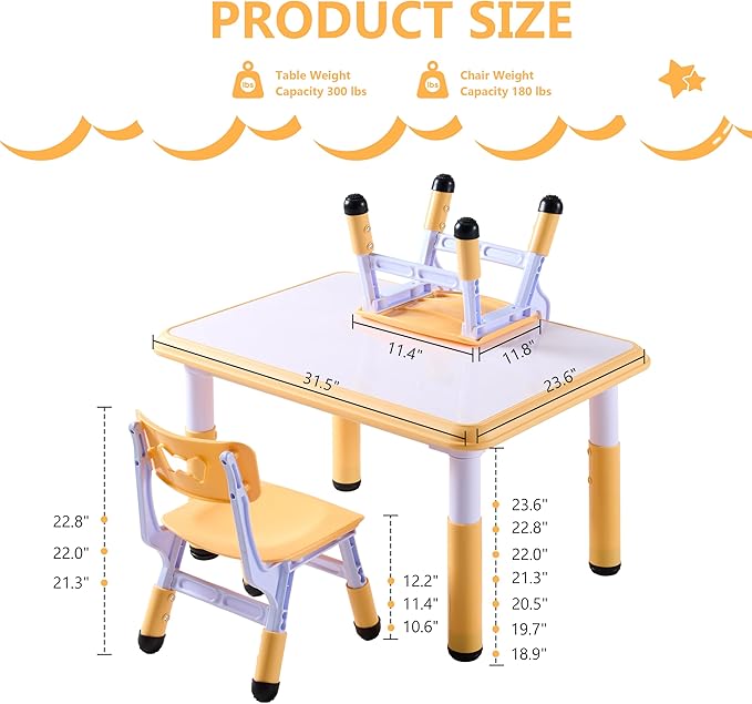 Kids Table & Chairs Set (2 Chairs), Height Adjustable Toddler Table and Chair Set for Kids Ages 3-8 with Graffiti Desktop, Learning & Art Activity Desk for Classroom, Home, Daycare (Natural)