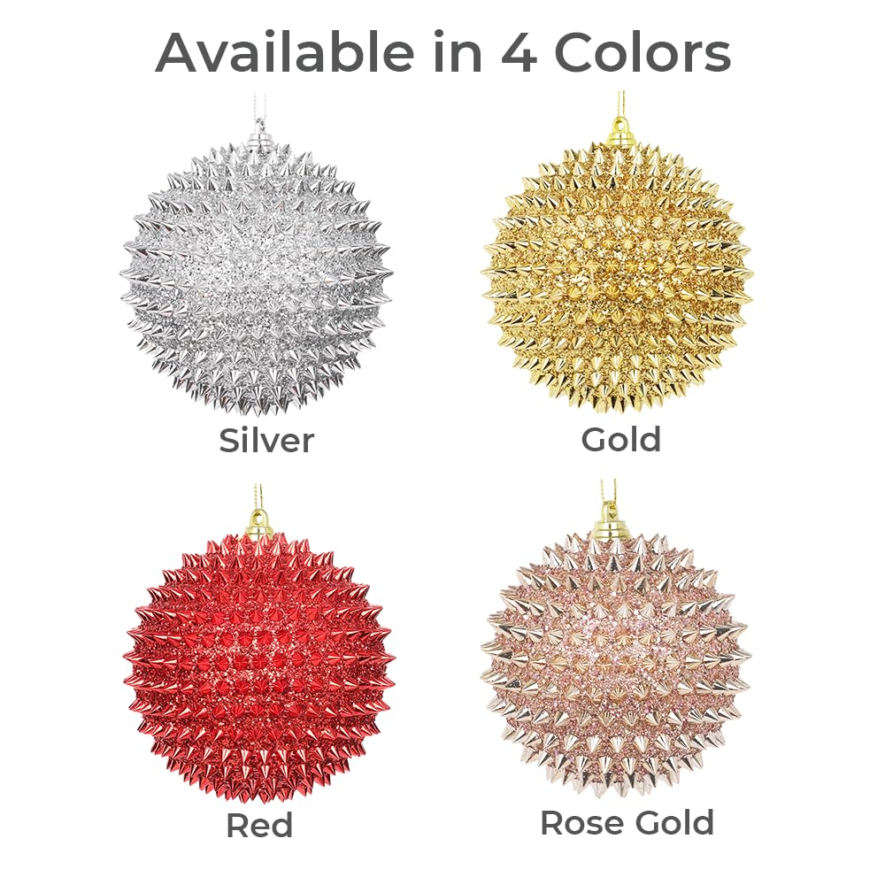 Spiked Glitter Christmas Ornaments, 4PCS 4.33" Handcrafted Cone Stud Ball Decorations in Punk Rock Gothic & Modern Glam Style, Shatterproof Christmas Tree and Holiday Decor for Home Party or Gift