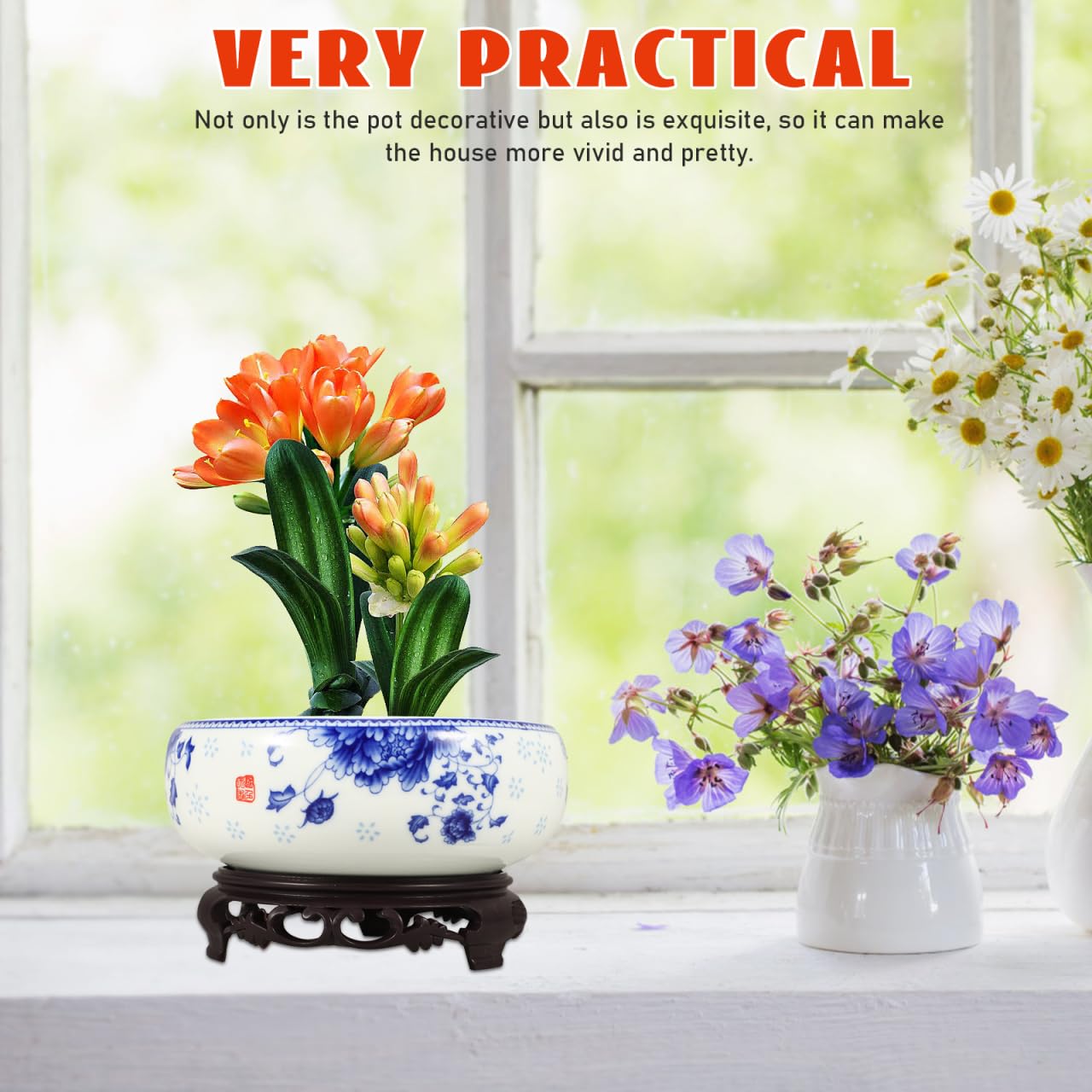 YARNOW Lotus Bowl Planter with Stand - Non Hole Ceramic Bonsai Pot for Water Lily, Succulents, and Small Plants, 7 x 6.3 x 4 Inch