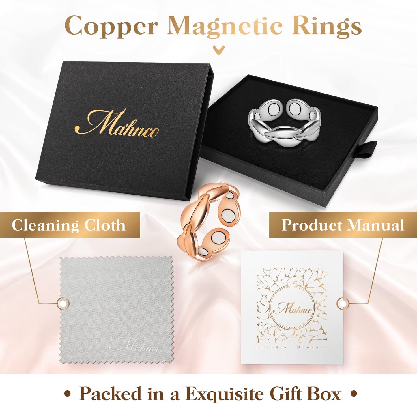 Mahnco Copper Rings for Women Magnetic Rings Finger Thumbs 3500 Gauss Strong Magnets -100% Solid Pure Copper Ring with Jewelry Gift Box (2PCS)