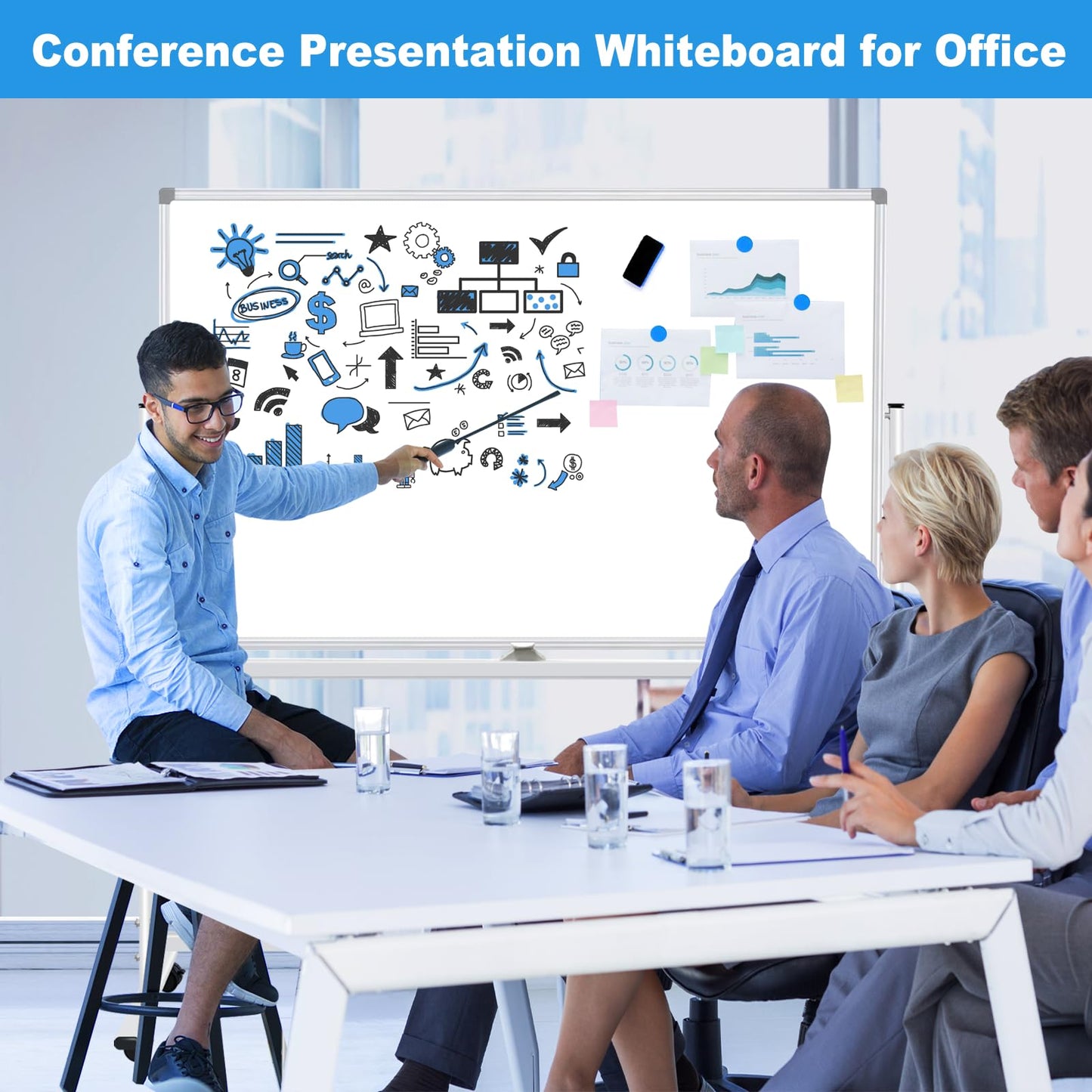 BSTPCOO Double-Sided Dry Erase Board with Stand 36"x24", Magnetic Mobile White Board Rolling Whiteboard on Wheels Drawing whiteboard with Stand for Kids & Adults, 2 Eraser, 10 Markers, 12 Magnets
