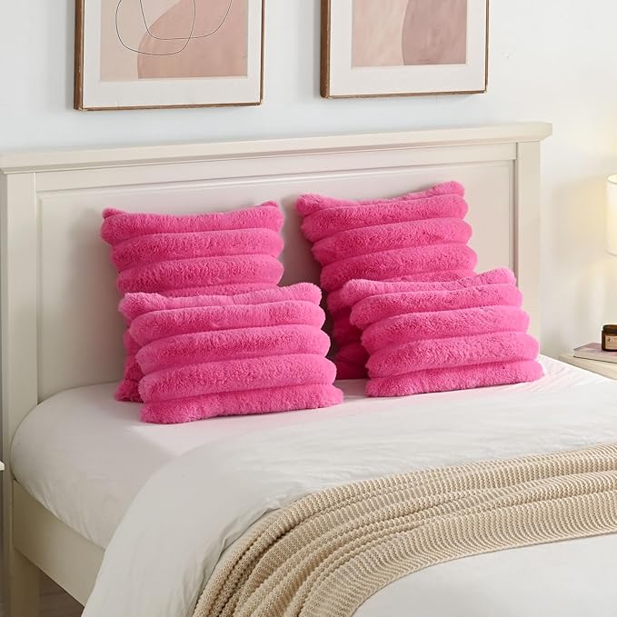 FUTEI Hot Pink Decorative Throw Pillow Covers 24x24 Inch Set of 2, Square Soft Faux Rabbit Fur Thick Striped European Cushion Covers,Winter Home Decor for Couch Bed Living Room