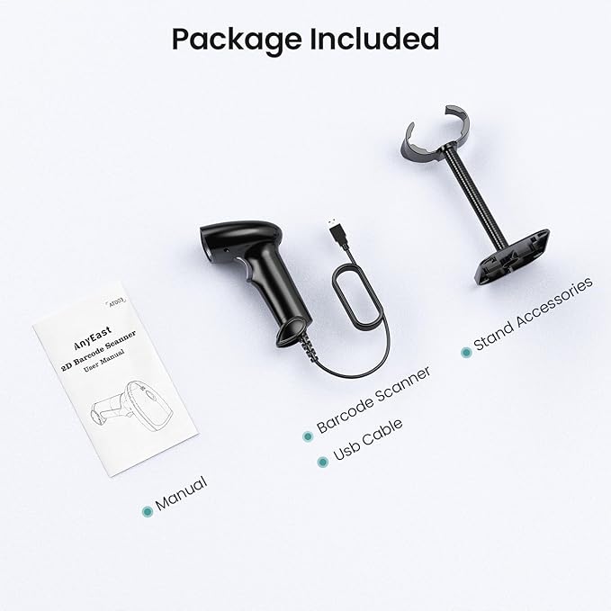 Barcode Scanner with Stand, USB Wired Inventory 2D 1D QR Code Scanner for Computer POS MAC with Automatic Screen Scanning, Handheld CMOS Image Bar Code Reader for Warehouse Library Supermarket