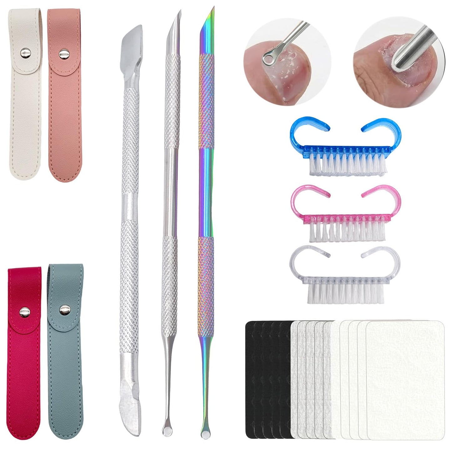 TNJPSEK 25 Pack Cuticle Pusher Kit, Dual-Ended Stainless Steel Nail Tool with Adhesive Nail Files for Manicure Pedicure, Salon-Quality Grooming for Home & Beauty Techs (With 4 Bags & 3 Brushes)