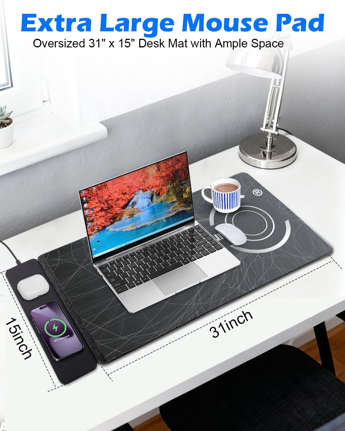 Tenfosum Wireless Charging Mouse Pad 30"x15" XXL Large Desk Mat with Wireless Charger Two Layers Thicken PU+Felt Waterproof Mousepad for Laptop, 2 in 1 Charging Station for iPhone