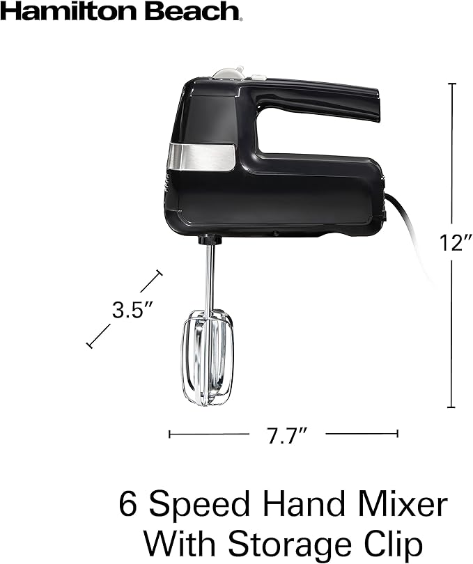 Hamilton Beach Electric Hand Mixer, 6 Speeds + Stir Button, 300 Watts of Peak Power for Powerful Mixing, Includes Whisk and Storage Clip, Black (62628)