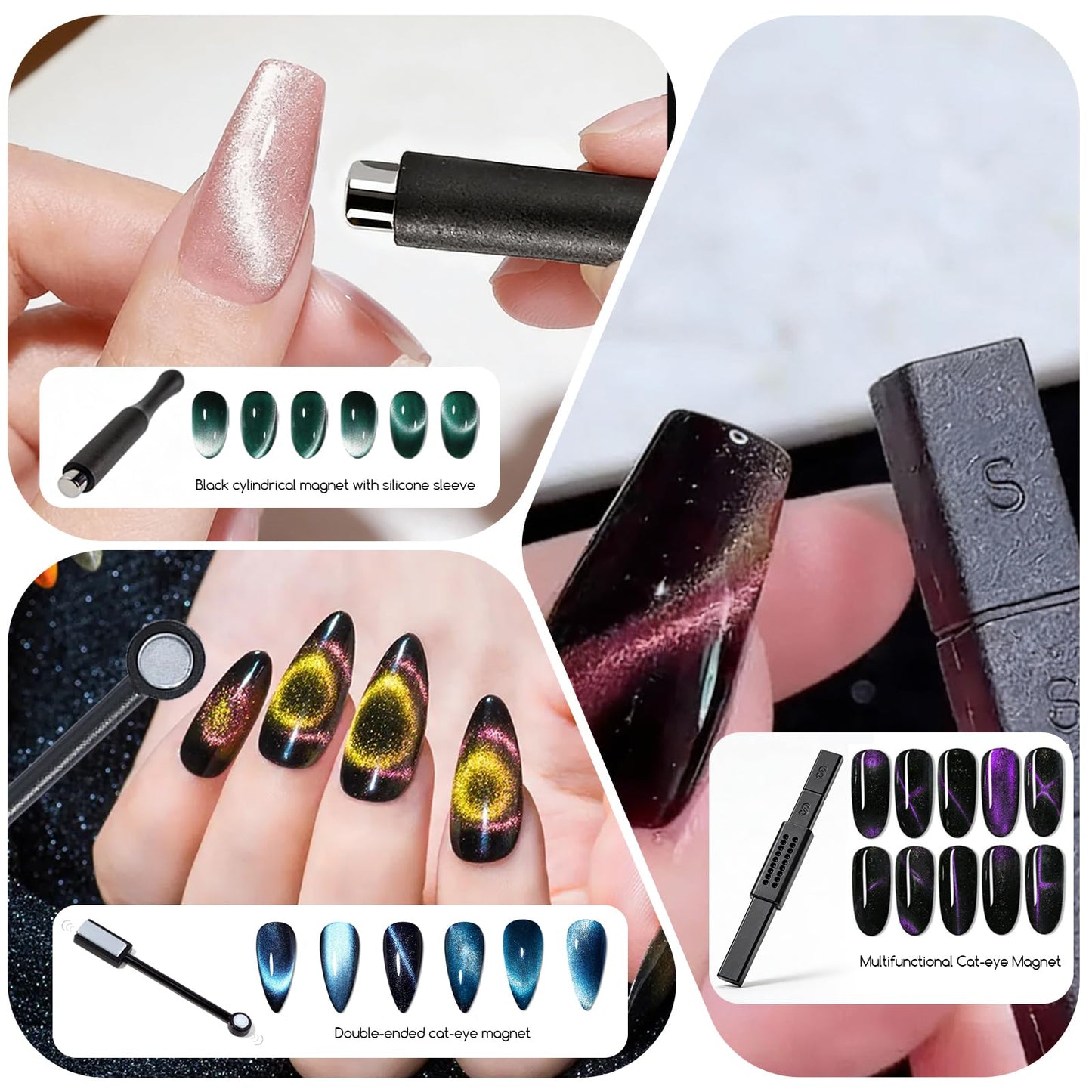 YECIRALA 14Pcs Cat Eye Magnet For Nails Magnet Tool Set With 2 Pcs Y-Shape Iron Molds, 14 Uniquely Shaped Nail Magnet For Nails Strong Magnetism Cylinder Cat Eye Gel Nail Polish Magnet Sticks Tools
