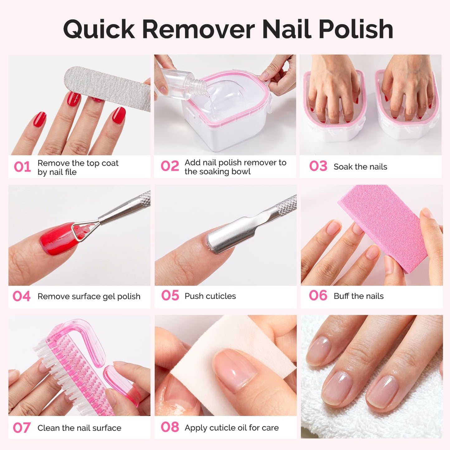 MelodySusie Nail Soaking Bowl,Soak Off Gel Polish Dip Powder Remover,Manicure Bowl Cuticle Peeler Scraper Nail File and Buffer Nail Brush MINI Cuticle Oil 100Pcs