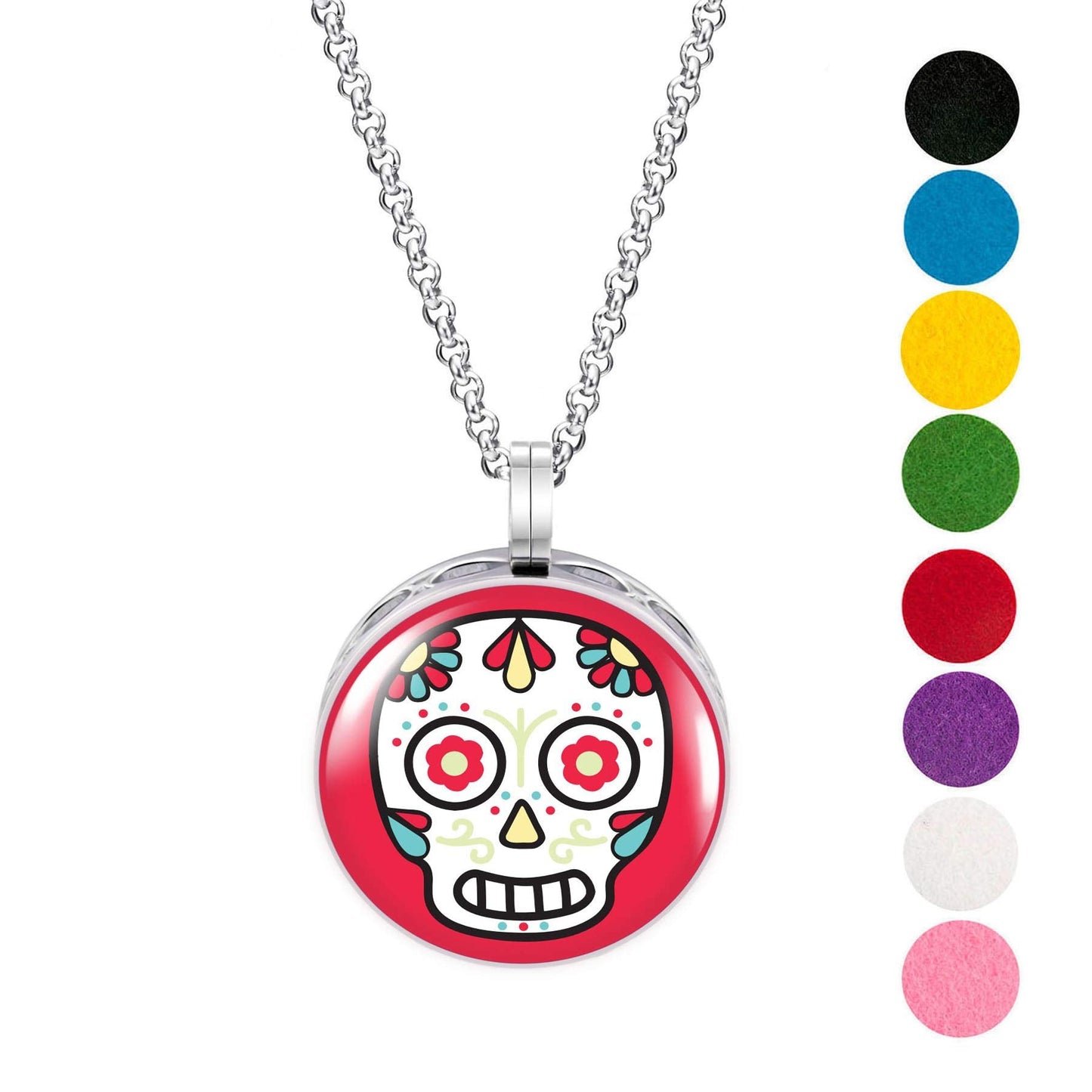 Wild Essentials Cartoon Sugar Skull Enamel Finish Essential Oil Diffuser Necklace Gift Set - includes Aromatherapy Pendant, 24" Stainless Steel Chain, 8 Color Refill Pads