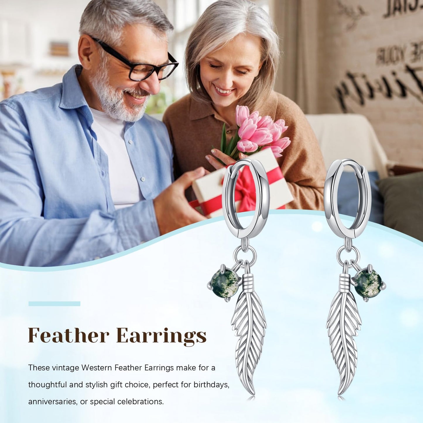 Feather Moss Agate Earrings 925 Sterling Silver Moss Agate Dangle Drop Earrings Feather Jewelry Bohemian Gifts for Women