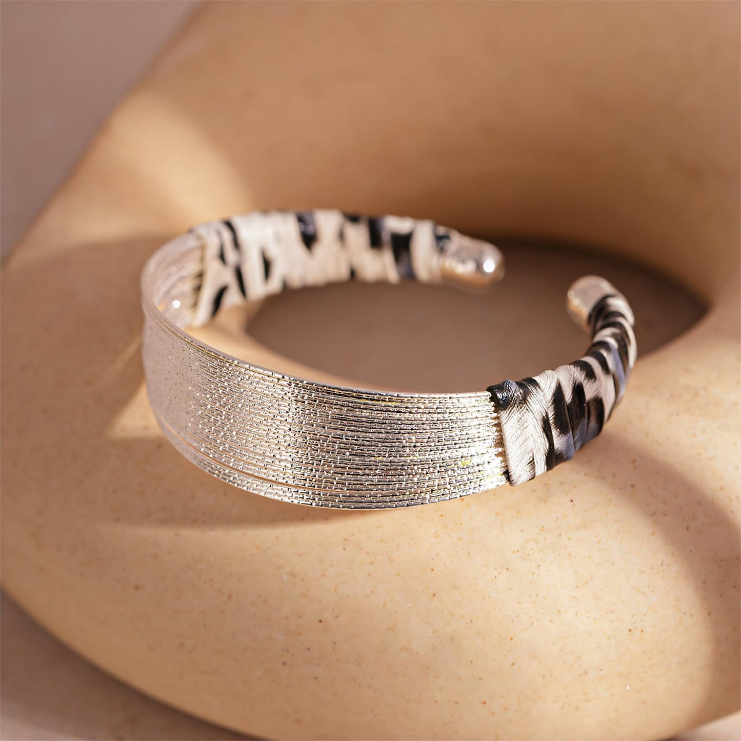 Chunky Silver Bangle Bracelets for Women, Trendy Open Adjustable Filigrace Bracelets with Leather Wrap Stackable Statement Leopard Cuff Bracelet for Women & Men Handmade Jewelry for Christmas Birthday
