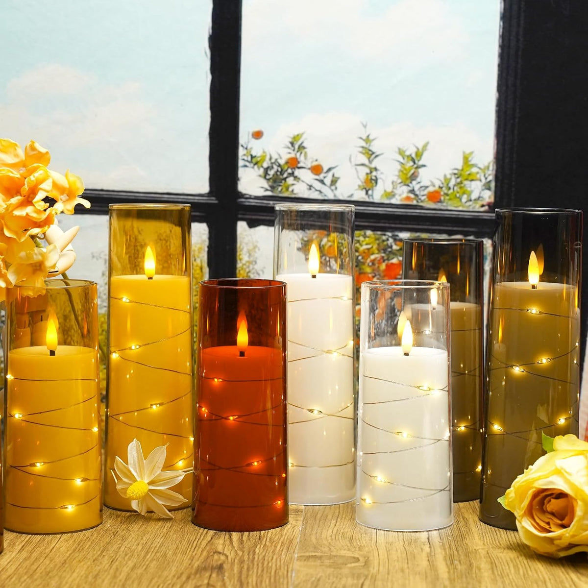Flickering Flameless LED Candles,Battery Operated Candles 9 Pcs with Embedded Star String,Acrylic LED Pillar Candles with Remote,Suitable for Home Decoration to Create an Atmosphere(Gold)