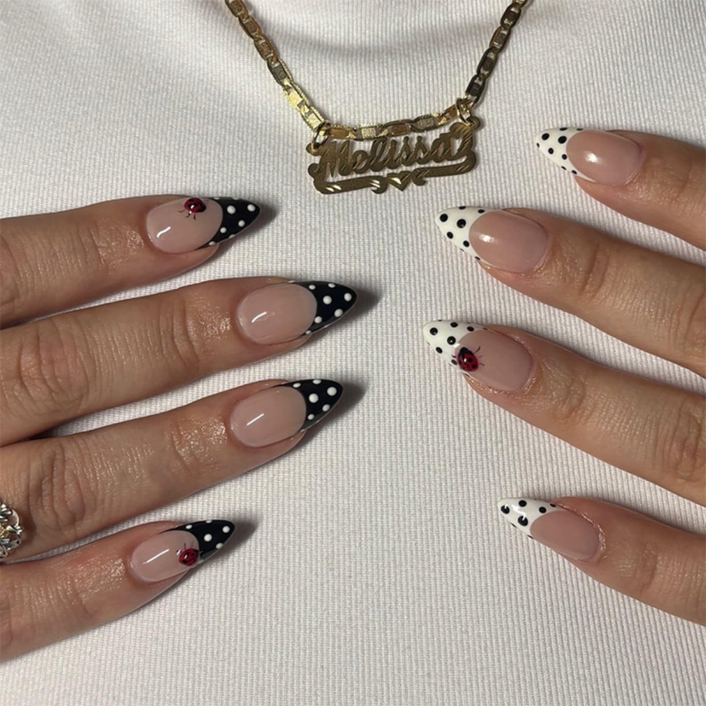 Polka Dot Press On Nails Almond Medium Fake Nails Black and White Polka Ladybird Dot Design Glossy Glue on Nails Spring Summer Nails Press on Reusable Full Cover Cute Acrylic Nail for Women 24 Pcs