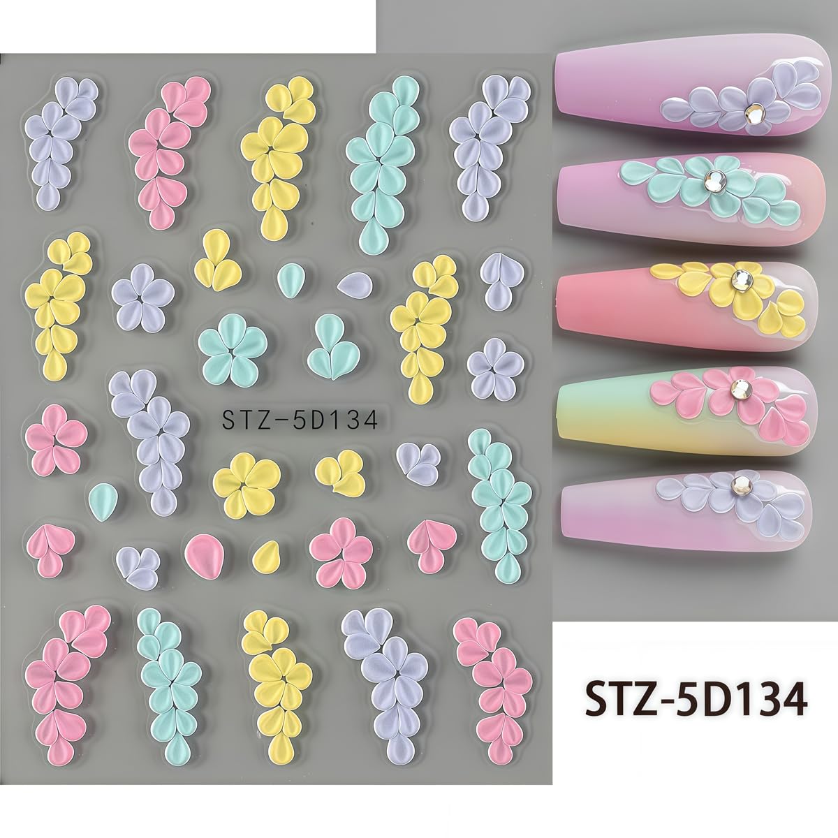3 Sheets Flower Nail Art Stickers Decals 5D Self-Adhesive Nail Decals Spring/Summer Sea Style Designs, Self-Adhesive Decals for Women's Nail DIY Decoration