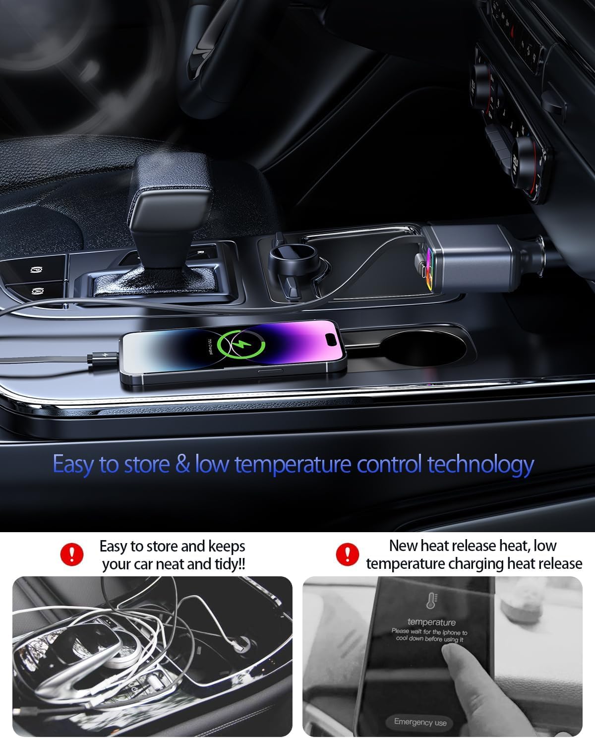 247W Retractable Car Charger with Voltage Monitor&Multicolored Light,5 in 1 USB C Car Charger with 2 Retractable Cable for iPhone 16 15 Pro Max Plus,Laptop,MacBook Air/Pro,Samsung Galaxy S25 S24,iPad