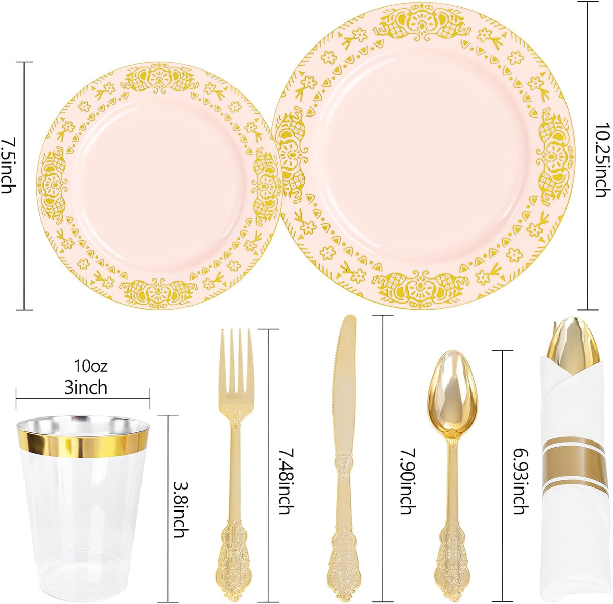 GATHER 350PCS Pink and Gold Plastic Plates - Gold Disposable Dinnerware Set Include 50 Dinner Plates, 50 Dessert Plates, 150 Plastic Silverware, 50 Napkins, 50 Cups for Party & Wedding