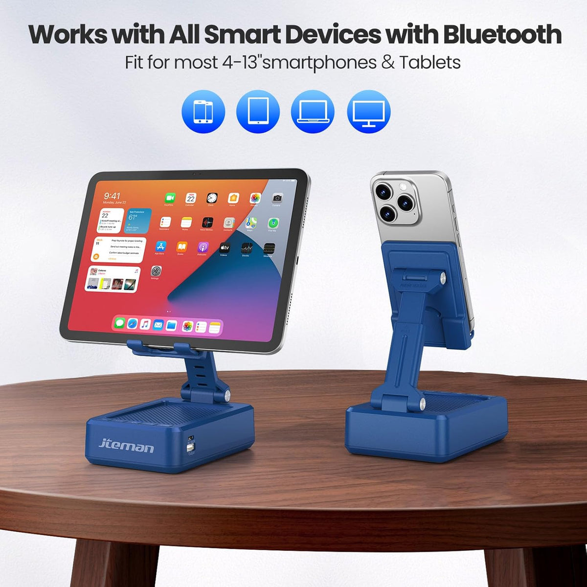 JTEMAN Cell Phone Stand with Bluetooth Speaker and Charging Function,Bluetooth Audio Power Bank Bracket,Birthday Gifts for Men Women,Kitchen Gadgets for Most Phones and Tablets-Blue
