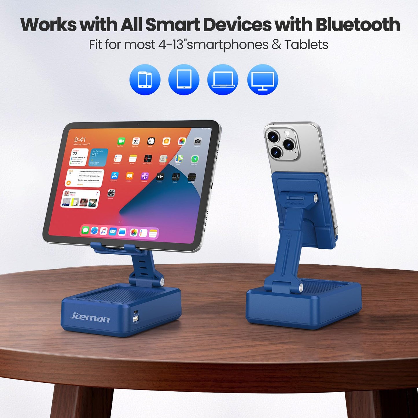 JTEMAN Cell Phone Stand with Bluetooth Speaker,HD Sound Adjustable Phone Holder,Birthday Gifts for Men Women, Cool Tech Kitchen Gadgets for Most Phones and Tablets-Blue