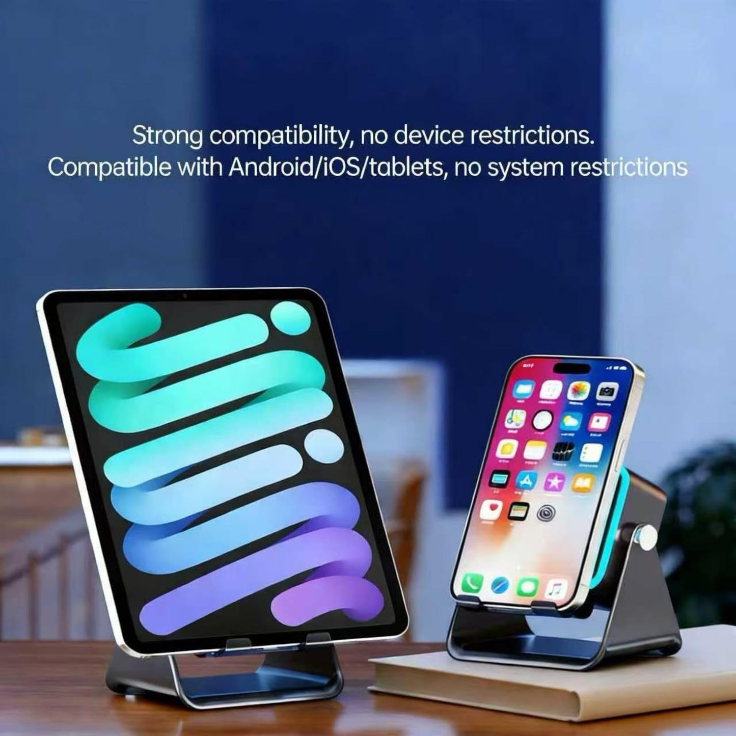 5-in-1 Wireless Induction Speaker,360°Adjustable Phone Stand with Wireless Bluetooth Speaker, Stereo Sound, Multiple RGB Ambient Lights,3500mAh Rechargeable Compatible with iPhone Gifts for Men Women