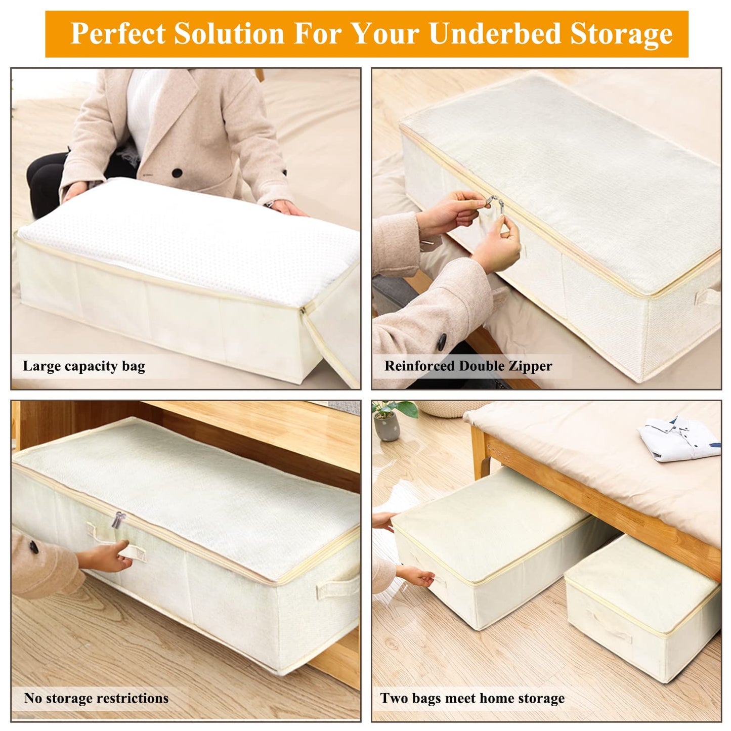 punemi Underbed wedding dress storage box, 2 Pack Clothing Storage Bags W/Upgraded Handles, Large Capacity Underbed Shoe Container Organizer for Blanket, Pillows, Comforters & Quilts, Beige