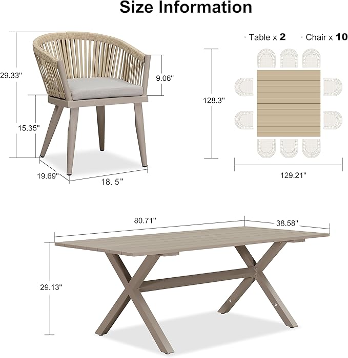 PURPLE LEAF 12 Pieces Outdoor Dining Set with Patio Aluminium Dining Table and Wicker Chairs Modern Furniture Cushions Sets for Backyard Indoor Decor Kitchen Champagne