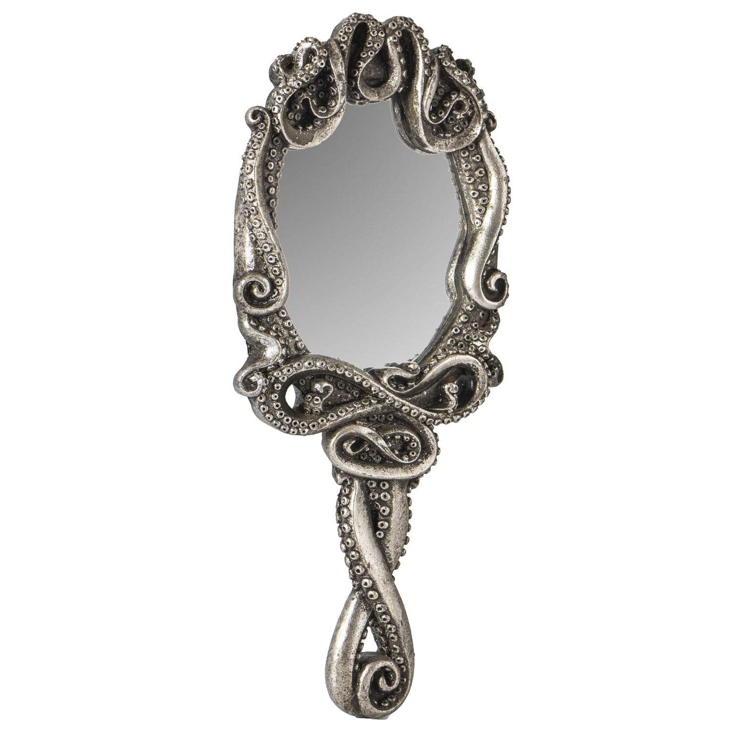 Pacific Trading Gothic Kraken Hand Held Mirror Home Accent Decor, Small Decorative Antique Sea Creature Inspired Silver Tone Mirrors with Handle, 14050
