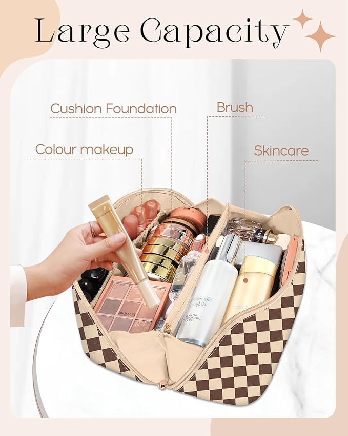 Bistup Makeup Bag Travel Cosmetic Bag Toiletry Make Up Bags Cute Women Large Capacity Big Medium Leather Checkered Plaid Brown Aesthetic Girl Teen Teenage Foldable Expandable Open Flat Zip