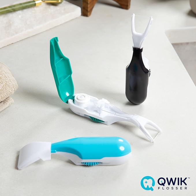 QWIK Automatic Dental Flosser | Click-to-Use, Reusable & Refillable | Pre-Loaded Floss with Travel Cover | Easy Flossing for Plaque Removal, Clean Teeth & Fresh Breath (Green)