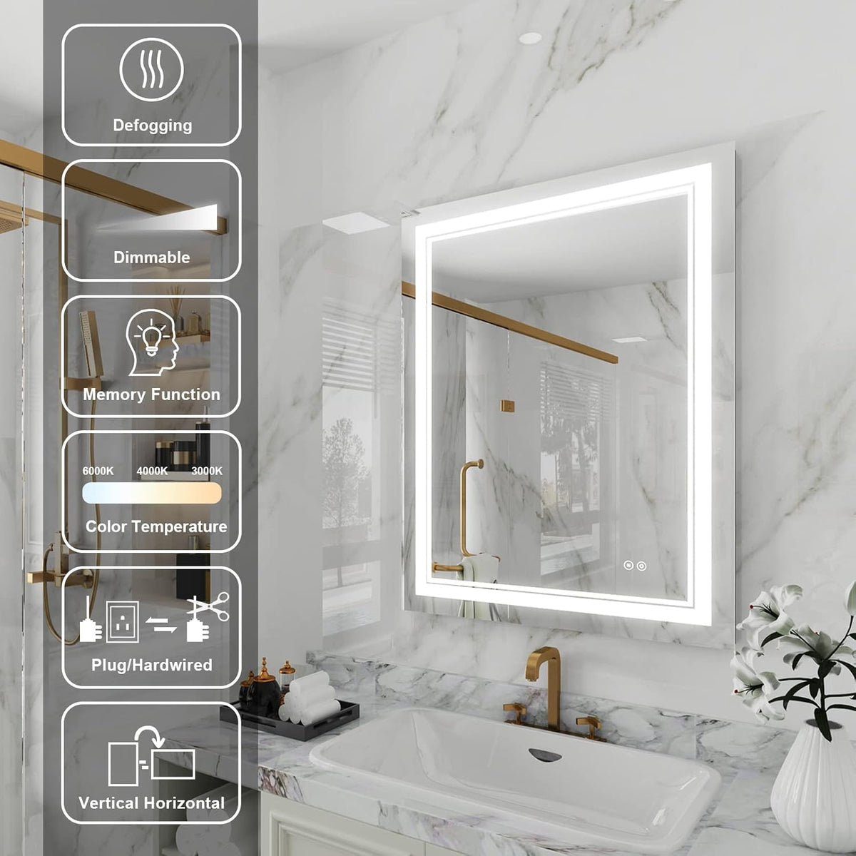 WELLFOR LED Bathroom Vanity Mirror 28 x 36 Inch, Lighted Anti-Fog Dimmable Mirror, IP44 Waterproof Wall Mounted Makeup Mirror, Packed with US Standard Plug and Touch Switch, (Horizontal/Vertical)