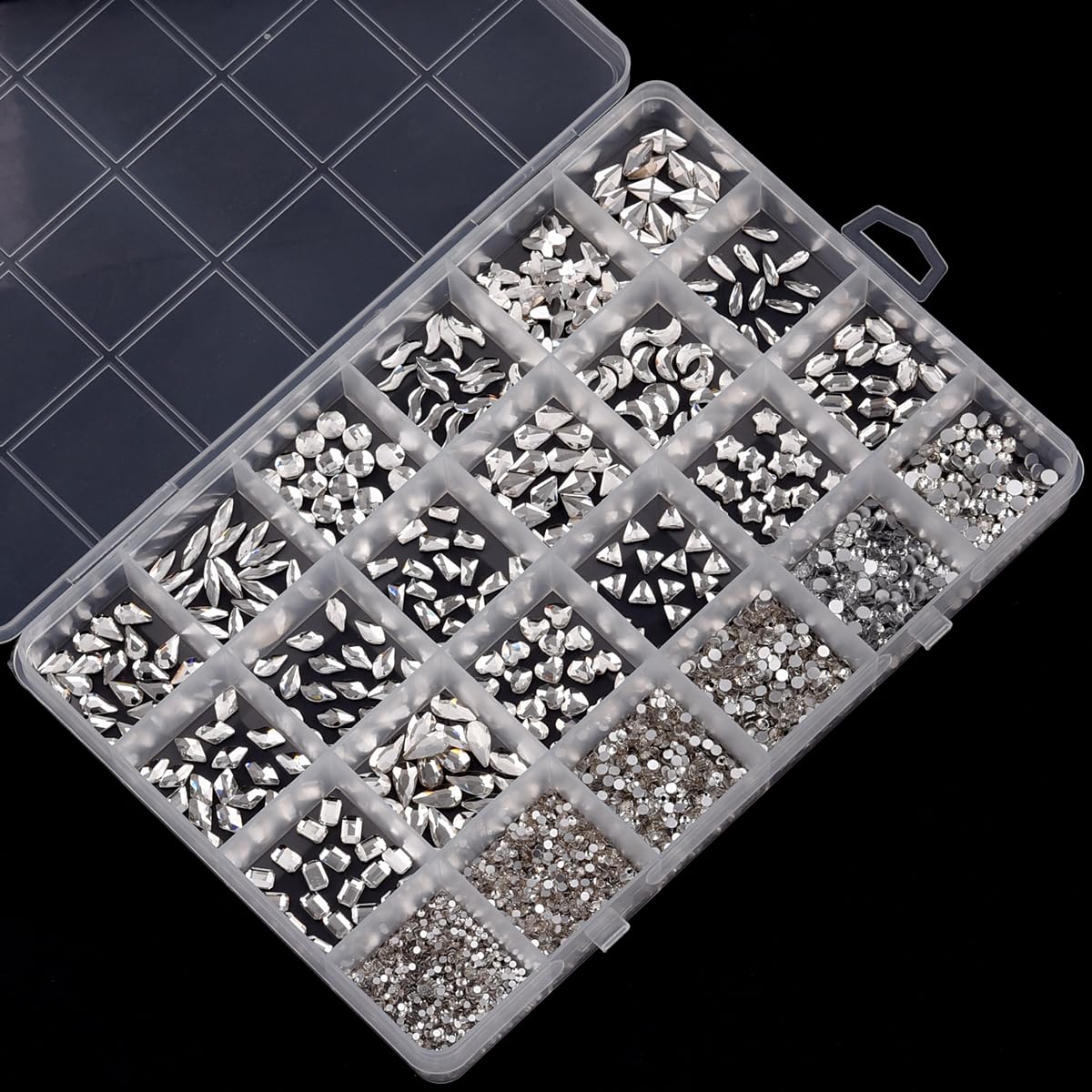 TEEKME 24-Grid Glass Nail Rhinestones Kit for Nail Art & Salon, 2800+pcs Clear Flat Back Crystals, 18 Shapes & 6 Sizes Diamonds for DIY, Acrylic & Gel Nails, with Tweezers