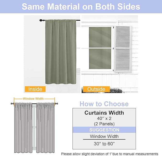 Simplebrand Ava Sage Green Short 36 Inches Blackout Curtain 2 Panels Set, Half Window Rod Pocket Privacy Curtain Tiers for Kitchen, Curtains Blackout for Bathroom Shades, W40 x L36 Inch, Sage Green
