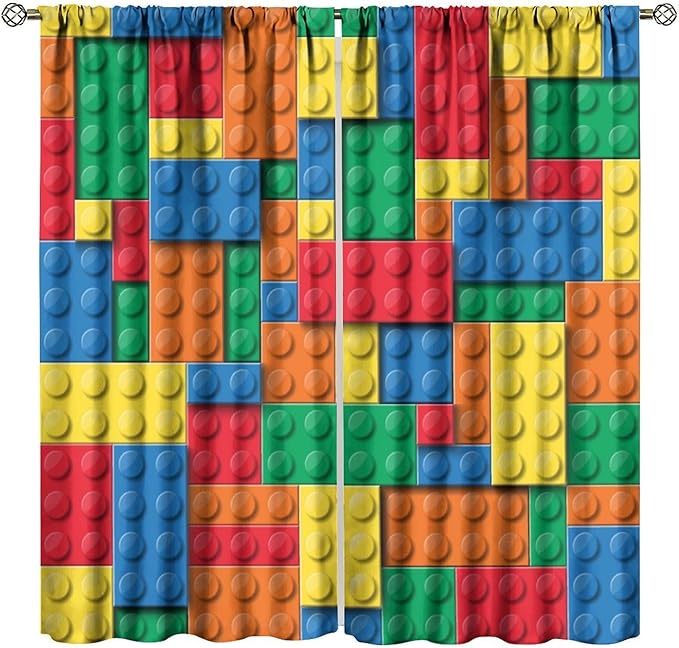 Kids Building Blocks Toy Curtains Children's Room Abstract Outline Colorful Plastic Toys Geometric Bricks Print Curtains for Boys Girls Nursery Curtains 63x63 Inches 2 Panels