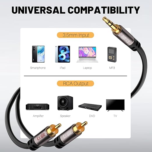 Kxable 3.5mm to RCA Cable 100FT, 2 Male RCA to Aux Stereo Audio Adapter, Hi-Fi Sound Auxiliary Y Splitter Cord, Shielded 1/8 to 2RCA Cable for Headphone, MP3, Tablet, Speaker, HDTV, Phone and More