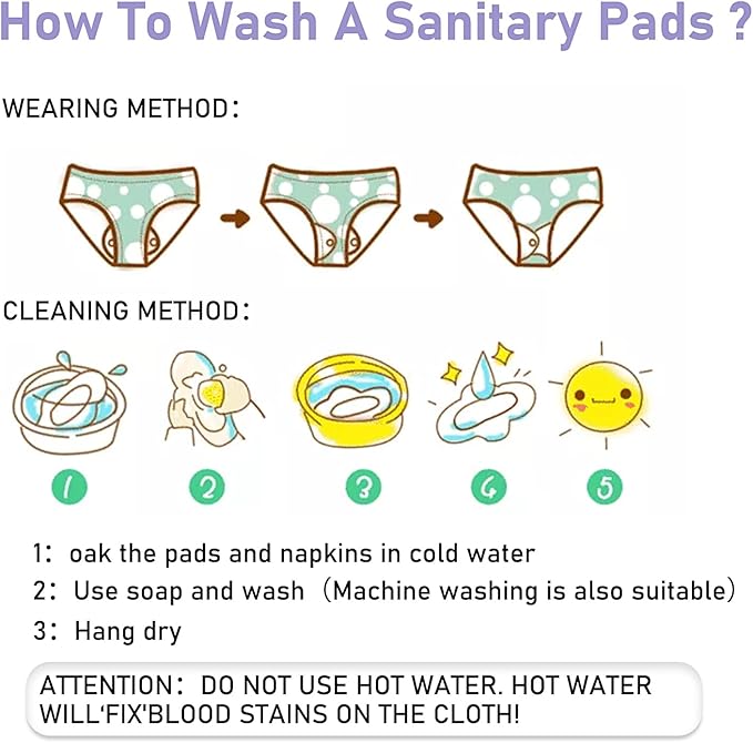 PHOGARY Reusable Menstrual Pads, 7 Pieces Bamboo Cloth Pads for Heavy Flow with Wet Bag, Large Sanitary Pads Set with Wings for Women, Washable Overnight Cloth Panty Liners Period Pads