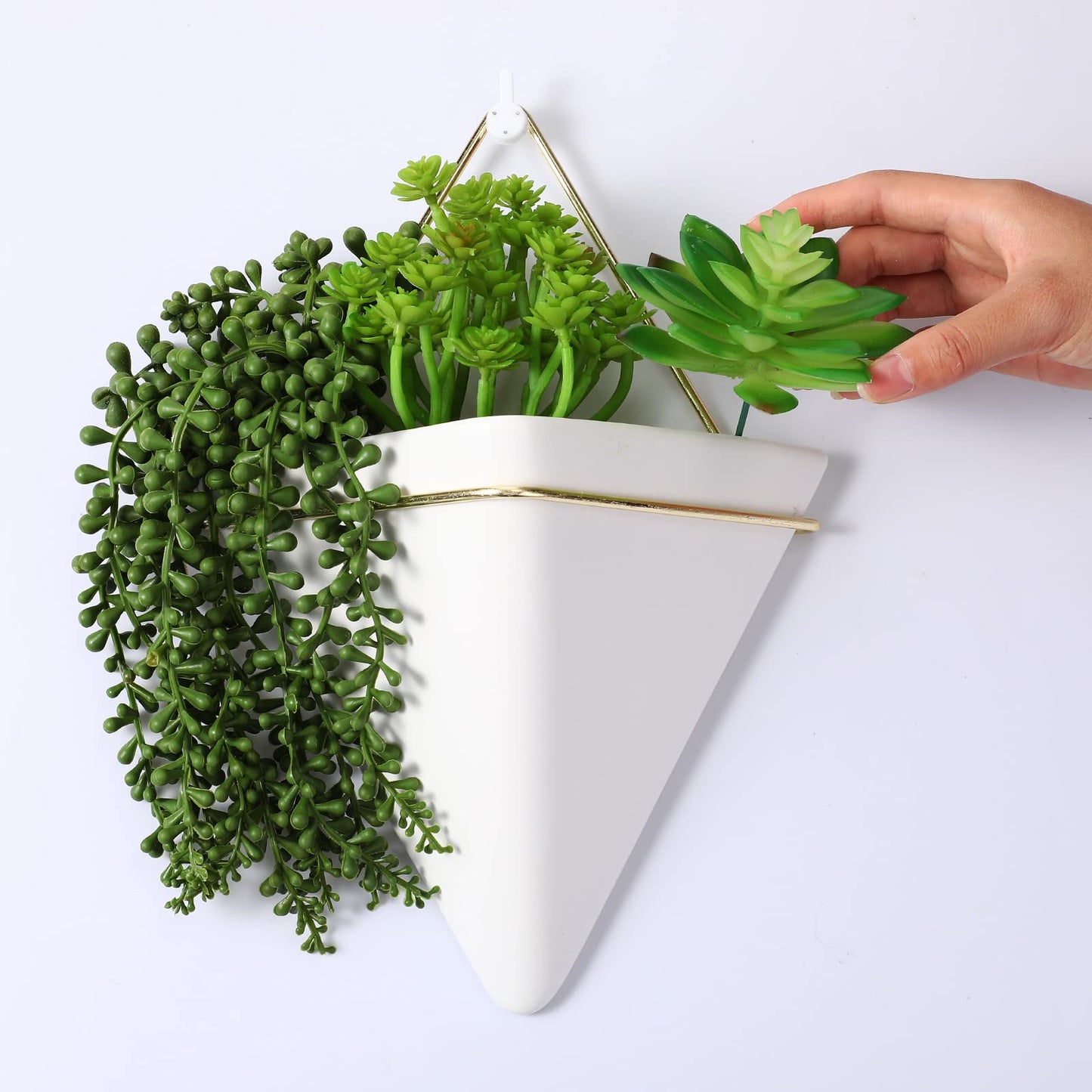 Rtteri 15 PCS Wall Hanging Planter Set with Artificial Succulents, 3 Ceramic Geometric Wall Planters in 3 Sizes, Modern Indoor Decor for Living Room Bathroom Office
