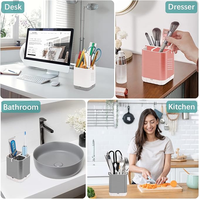 Boperzi Toothbrush Holder Toothpaste Organizer Drainage for Bathroom Vanity, Detachable Anti-Slip Brushed Nickel Toothpaste Storage Caddy 3 Slots with Drainage Holes for Makeup Brush Razor Stand