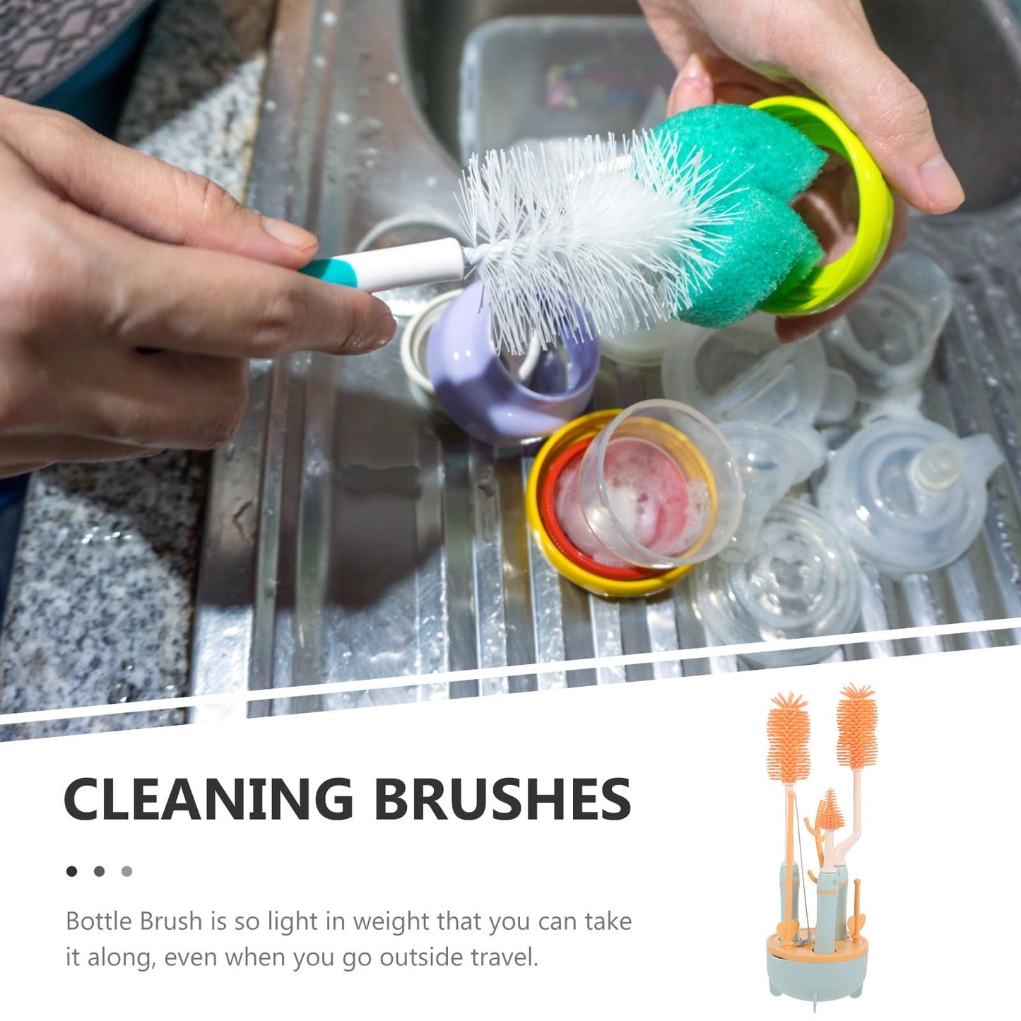 FRCOLOR Bottle Brush Set with Long Handle and Straw Cleaning Brush for Feeding, Blue Multi-piece Household Cleaning Kit with Drying Rack Suitable for Travel and Daily Use